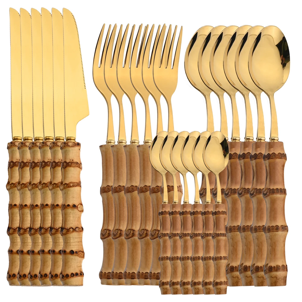 24Pcs 스테인레스 스틸 Flatware 천연 대나무 - Bamboo Cutlery 리뷰 및 가격